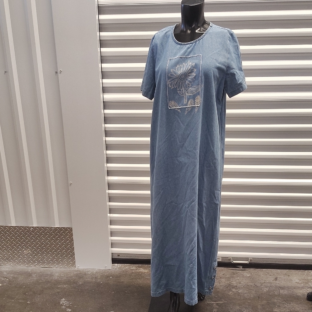 Vintage Cactus Blue Maxi Dress with Floral Embroidery